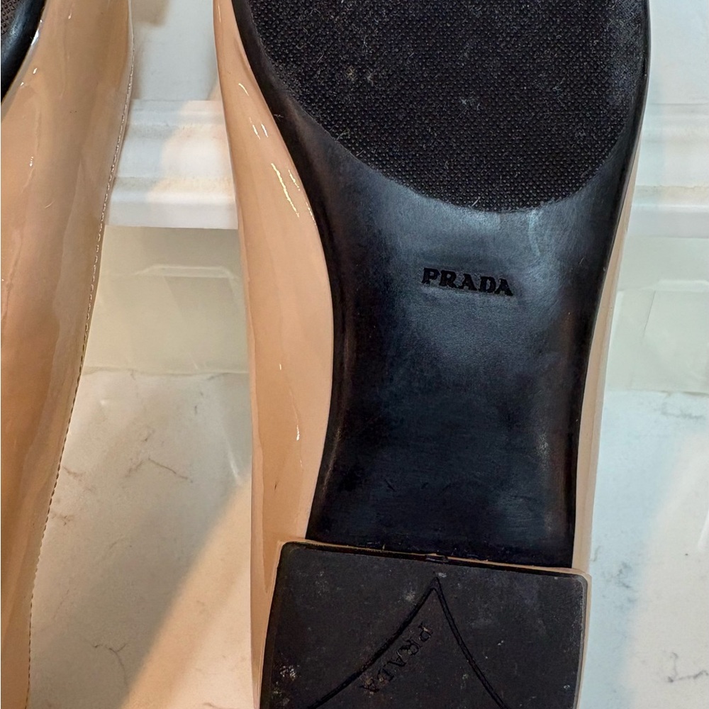Prada Women's Nude Patent Leather Flats with Black Bow - Picture 8 of 13